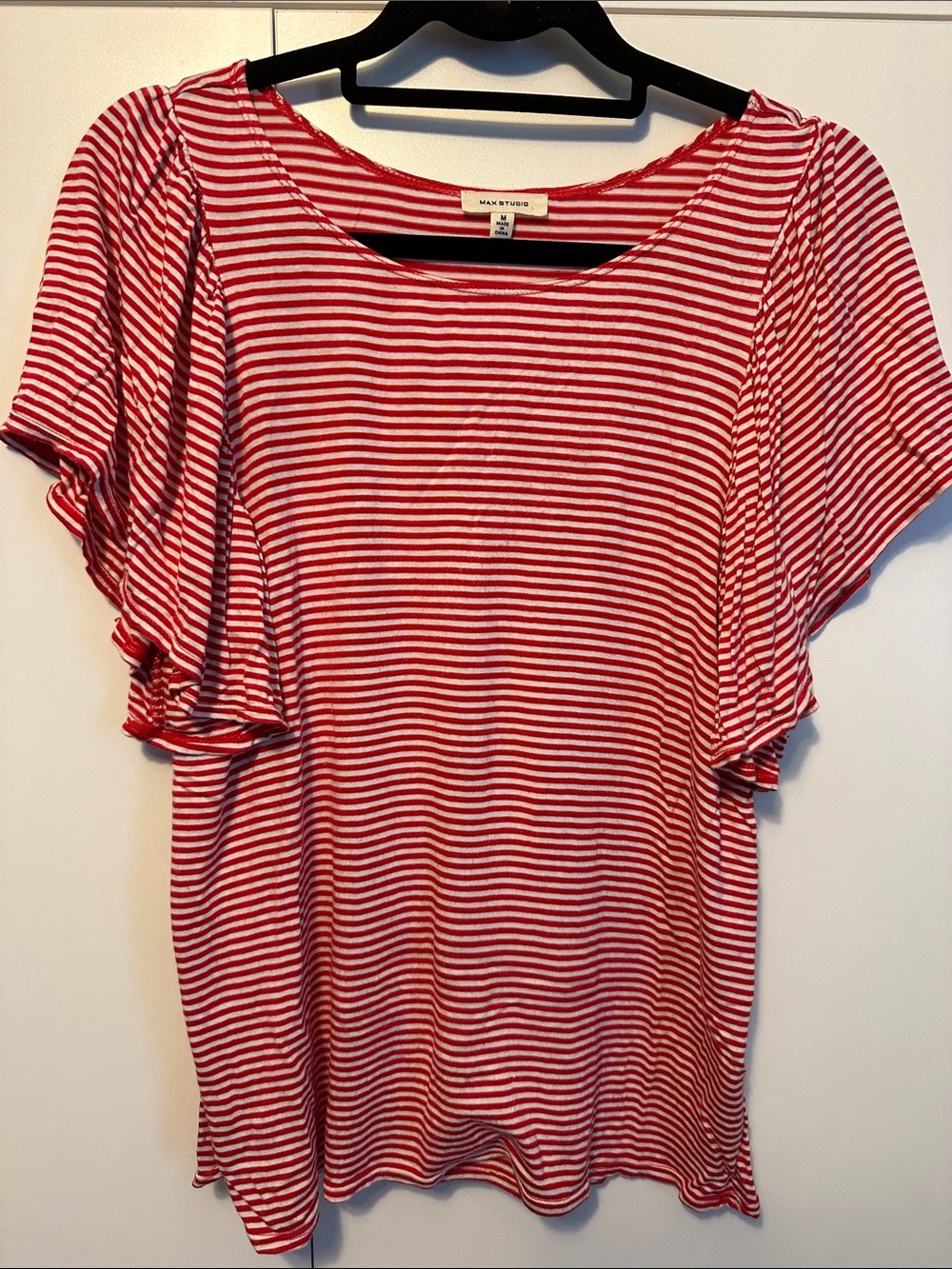 Max Studio Red & White Striped Flutter Sleeve Tee